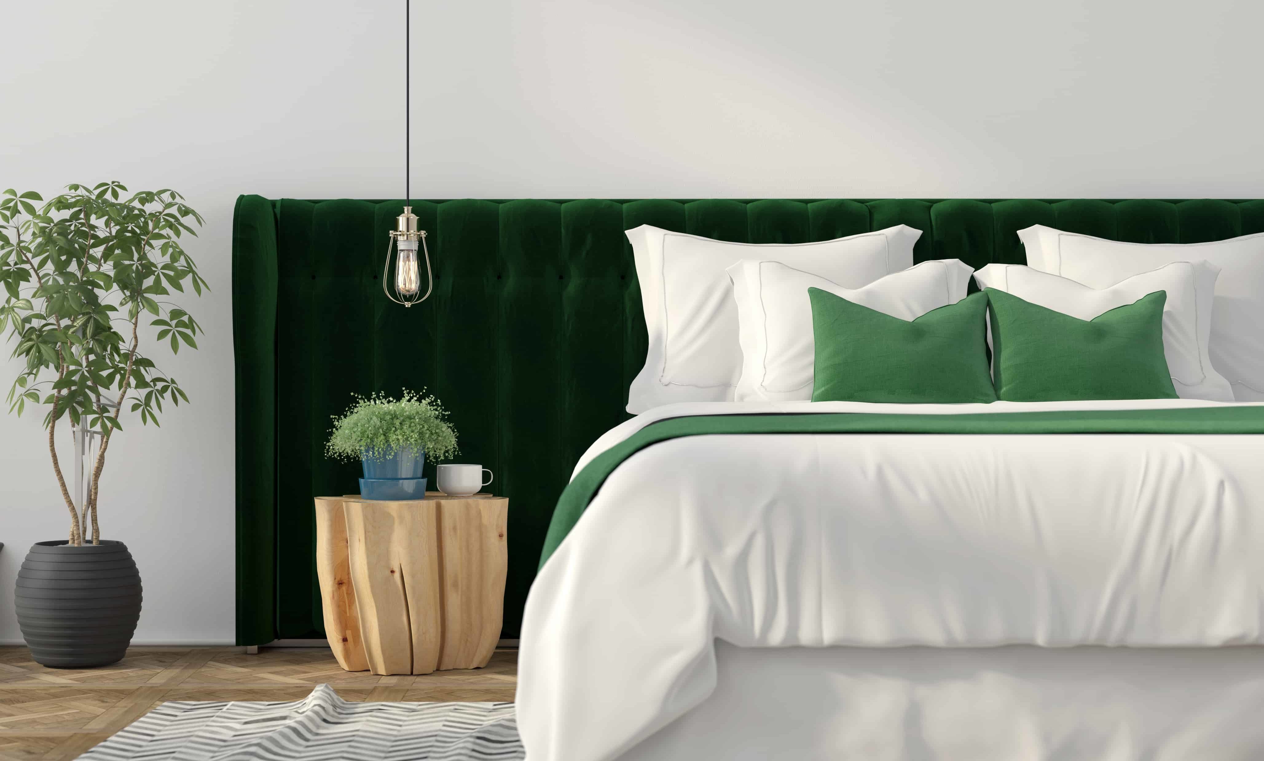 How To Pack & Protect Linens - 3D illustration. Trendy bedroom interior with green velvet back of the bed and wooden table - Mayflower