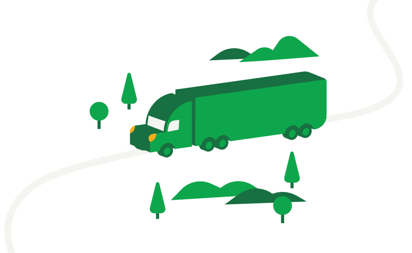Illustration of a Mayflower moving truck driving along a road with rolling hills and trees along it - Mayflower®