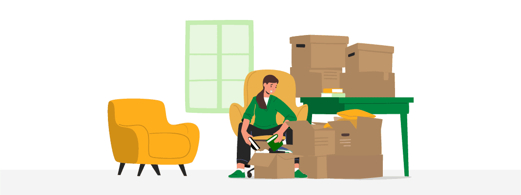 Illustration of a woman packing for moving - Long distance moving process with Mayflower